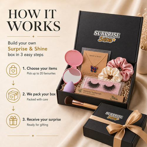 Surprise & Shine customizable gift box with butterfly necklace, scrunchies, false lashes, makeup sponge, mirror, and brush.