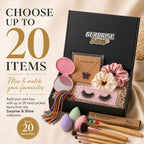 Surprise & Shine customizable gift box with makeup brushes, false lashes, scrunchies, butterfly necklace, compact mirror, and bamboo toothbrush.
