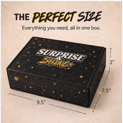 Surprise & Shine black gift box with gold stars and text, dimensions 9.5" x 7.5" x 3".
