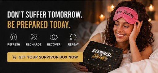 Surprise & Shine SURVIVOR box with a woman wearing a pink 'Not Today' sleep mask, lying in bed.